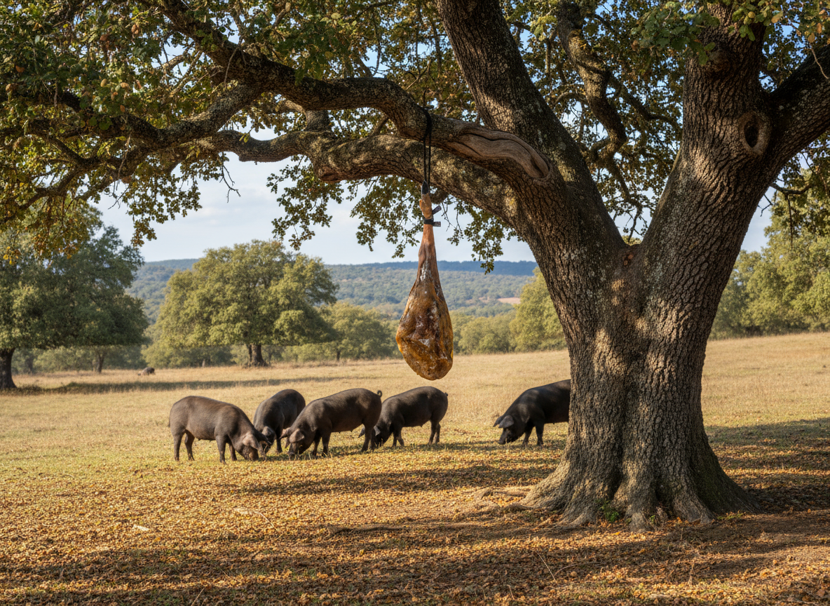 Pata de jamón ibérico con brida de color según normativa, en Ibéricos Mañas