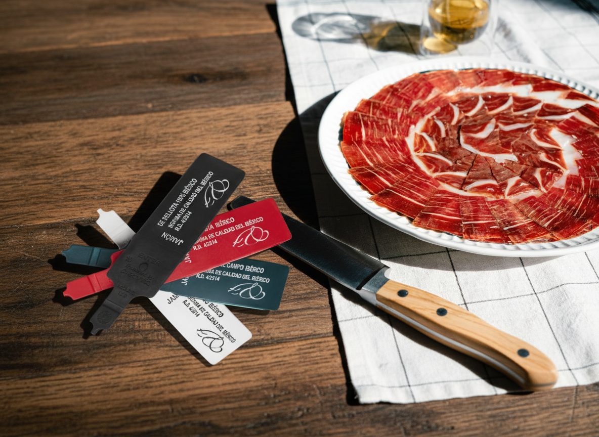 Cuatro tipos de bridas del jamón ibérico negra roja verde y blanca explicadas por Ibéricos Mañas